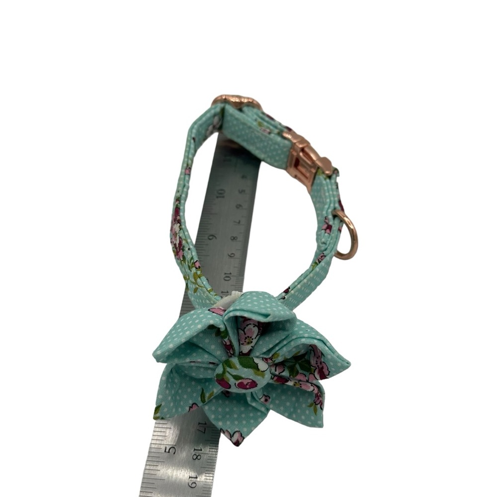 Girl Dog Collar with Blue Floral Design Adjustable w/ Rose Gold Slide